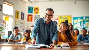 Education-focused teacher interacting with diverse students in a vibrant classroom.