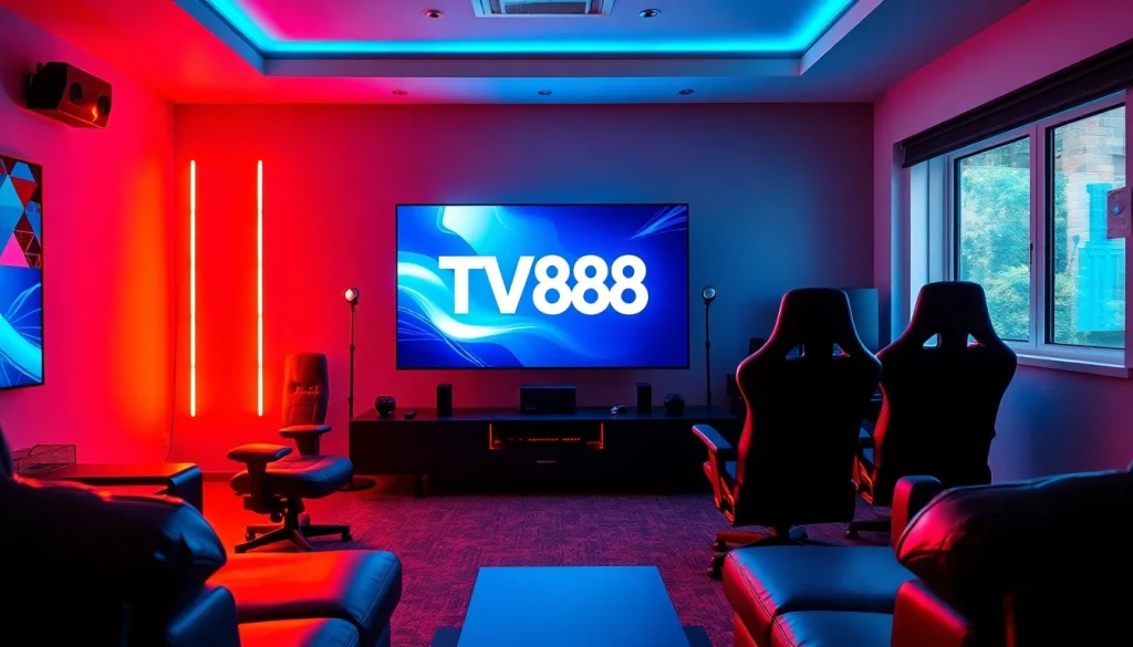 Engaging gaming environment with a central TV88 setup, sleek design features, and vibrant lighting.
