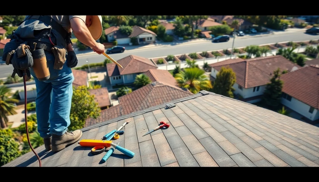 Engaging visual of Professional roofing services highlighting a skilled roofer at work on a vibrant sunny day.