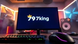 Showcase the logo of 79king on a vibrant gaming monitor in a dynamic gaming setup.