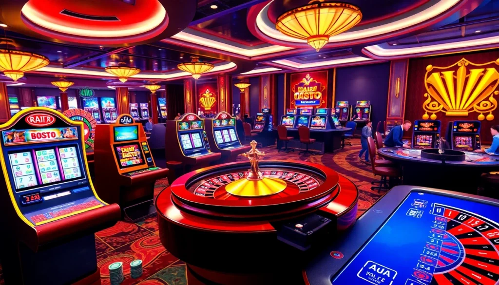 KJC AC 2 vibrant casino scene with players enjoying slots, cards, and roulette.