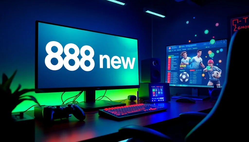 Immersive gaming workspace featuring 888new logo and betting interface.