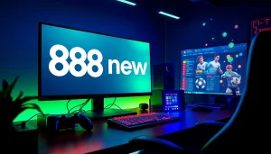 Immersive gaming workspace featuring 888new logo and betting interface.