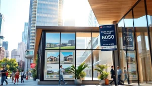 Showcase a vibrant real estate office in an urban setting, highlighting its listings to attract potential buyers.