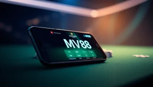 Experience the MV88 app interface on a smartphone in a captivating modern gambling setting.