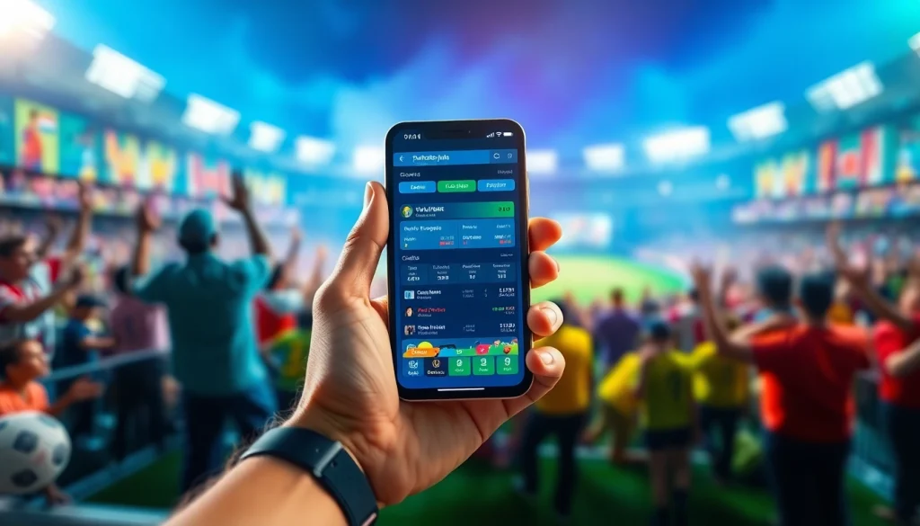 Engaging interface showcasing best online sportsbooks India on a smartphone amidst a vibrant sports atmosphere.