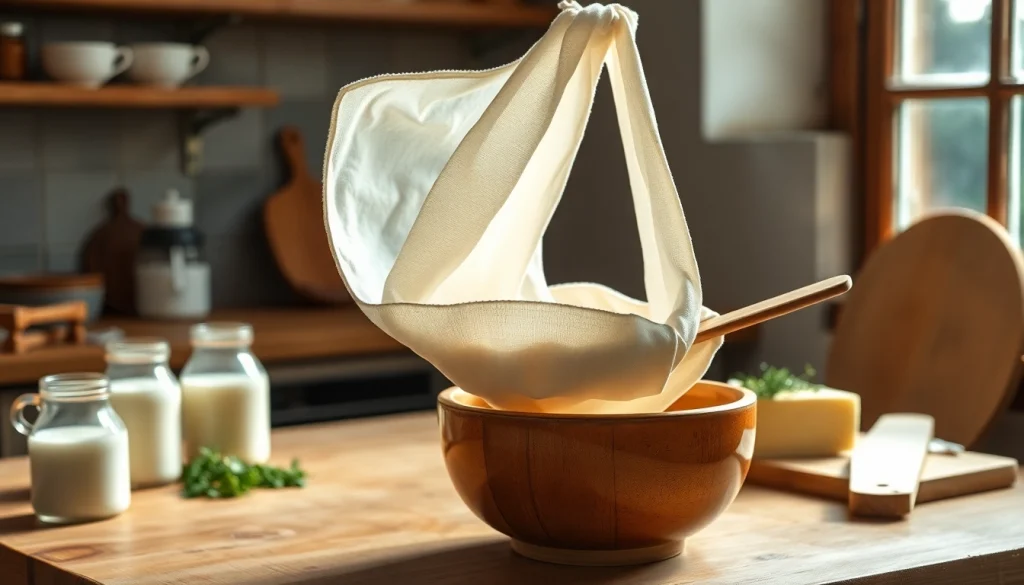 Kaasdoek gebruikt om zelfgemaakt kaas te maken in een rustieke keuken.