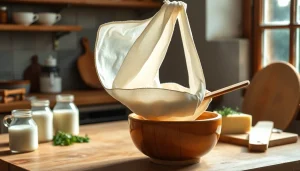 Kaasdoek gebruikt om zelfgemaakt kaas te maken in een rustieke keuken.