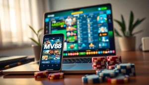 MV88 online betting platform interface with smartphone and gaming props