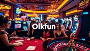 Okfun gamblers engaging joyfully around poker tables and vibrant slots, capturing casino excitement.