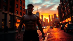 A thrilling depiction of a hero better than Reacher in an urban setting at sunset, showcasing determination and strength.