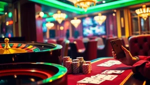 LOG IN to the luxurious gambling experience with poker chips and roulette table in a vibrant casino.