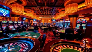 KJC Casino scene featuring players at poker tables and a roulette wheel amidst vibrant lights