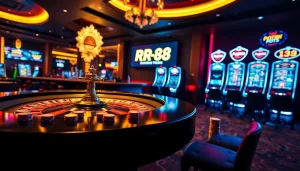 Exciting casino scene showcasing the RR 88 brand with roulette, poker, and slots.