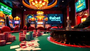 Experience the thrill of gaming at THABET link with vibrant cards and poker chips on a luxurious casino table.