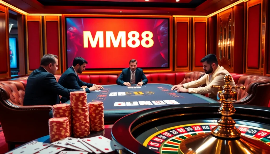 Experience thrilling online gambling at MM88 casino with poker chips, cards, and roulette.