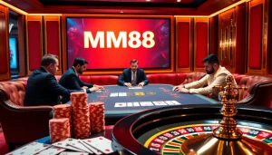 Experience thrilling online gambling at MM88 casino with poker chips, cards, and roulette.