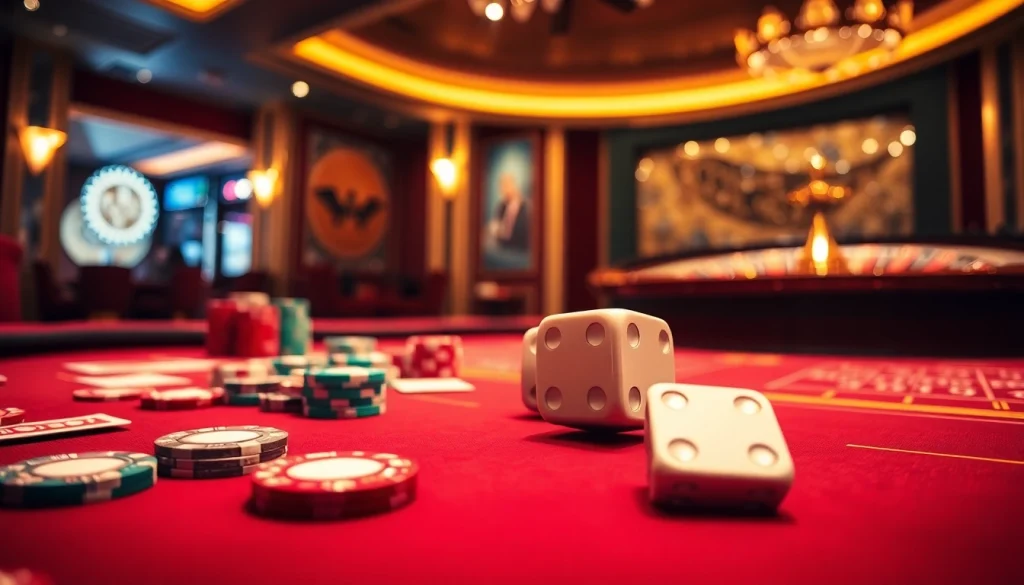 Experience the thrilling action at LC 88's gaming table with poker chips and roulette wheel.