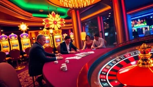 Players enjoying a thrilling poker game at a luxurious casino, capturing the essence of rio excitement.