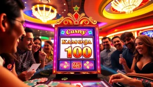 Experience thrilling action at slot kamboja bet 100 with colorful casino elements and excited players.
