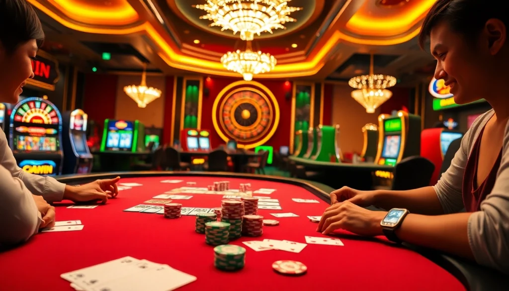 Exciting scene showcasing players winning at 99win online casino games with vibrant tables and slot machines.