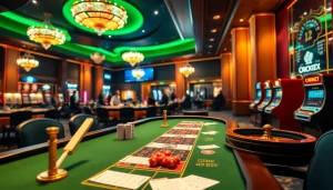 Experience the exhilarating ambiance of Crickex with vibrant casino tables and cricket-themed decor.