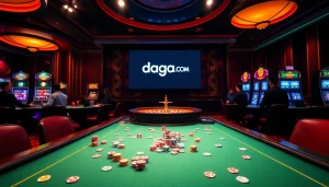 An exciting gaming table at daga.com showcasing vibrant chips and cards for players at a thrilling casino experience.