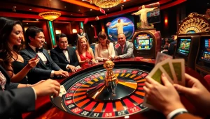 Players engage at a Rio-inspired casino table, capturing thrilling gambling moments.