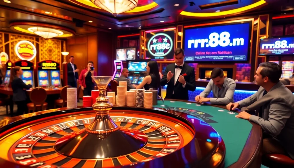 Engaging casino scene showcasing players at rr88.com with roulette, poker chips, and vibrant slot machines.