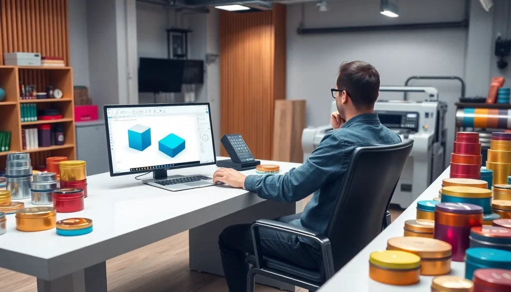 A designer showcasing custom tin box packaging in a modern studio environment with vibrant samples and printing technology.