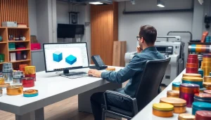 A designer showcasing custom tin box packaging in a modern studio environment with vibrant samples and printing technology.