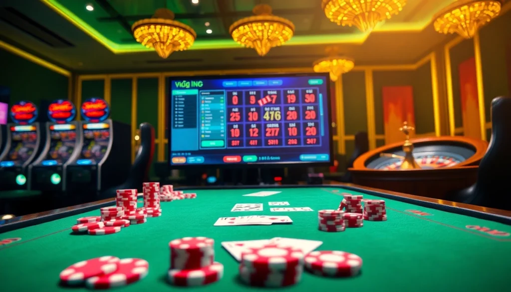 Engage with vn168 đăng ký at a luxurious online casino featuring poker chips and a roulette wheel.