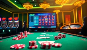 Engage with vn168 đăng ký at a luxurious online casino featuring poker chips and a roulette wheel.