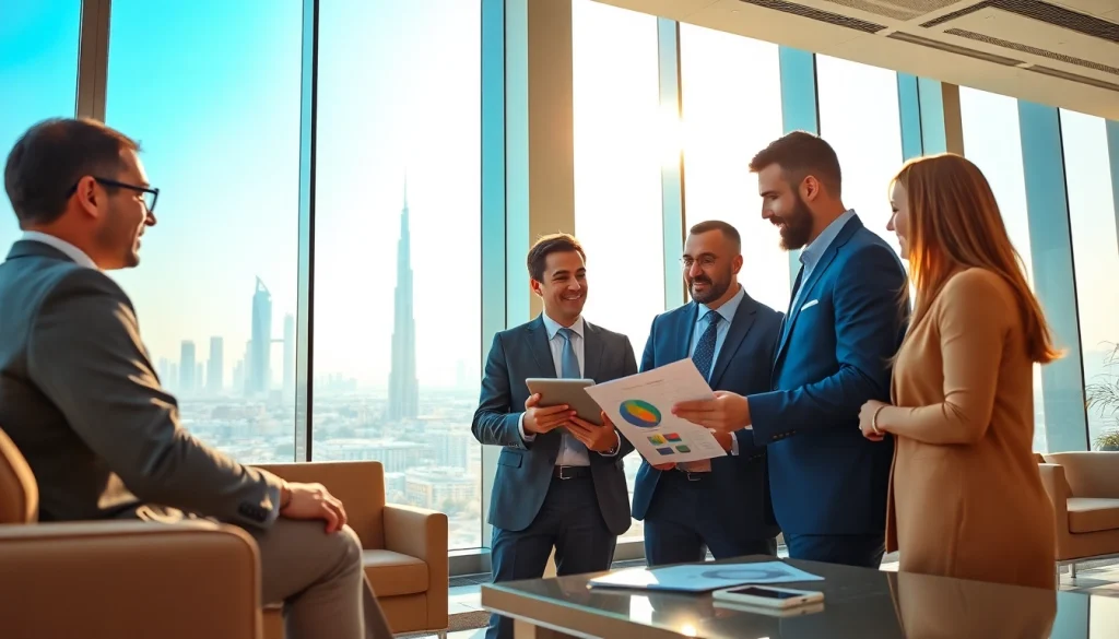 Engaged Business Consultants in Dubai strategizing with clients in a modern office setting.