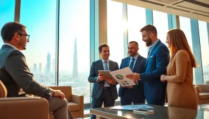 Engaged Business Consultants in Dubai strategizing with clients in a modern office setting.