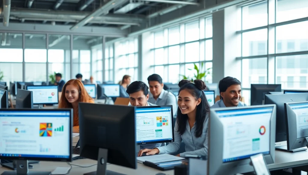 Engaged professionals using WPS办公软件 in a modern office environment, highlighting collaboration and innovation.