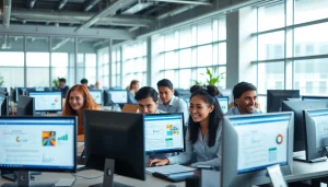Engaged professionals using WPS办公软件 in a modern office environment, highlighting collaboration and innovation.