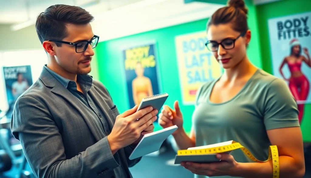 Use a body fat percentage calculator while analyzing fitness metrics in a bright gym.