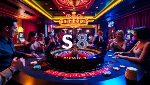 Experience high-stakes gambling at S 8's vibrant casino scene with roulette tables and excited players.