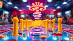 Mainkan plinko demo dengan papan permainan yang penuh warna dan suasana ceria di arcade.