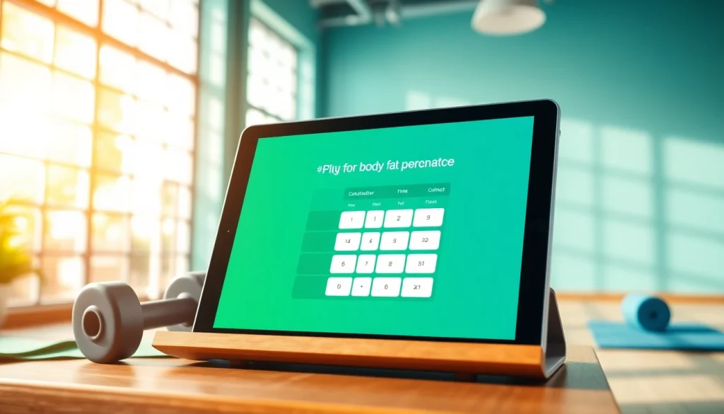 Utilize the body fat percentage calculator interface in a bright gym environment.