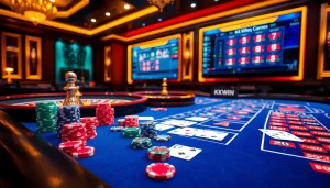 Experience excitement at https://kkwin.diy/ with luxury casino tables, vibrant poker chips, and a roulette wheel.