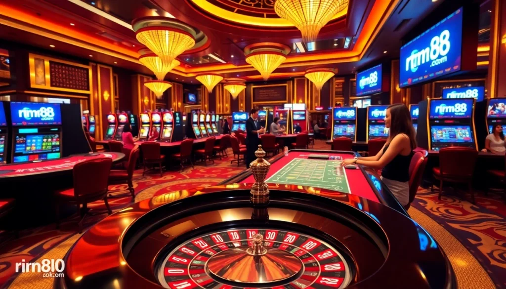Players enjoying gaming at rr88.com casino with vibrant roulette and slot machines.