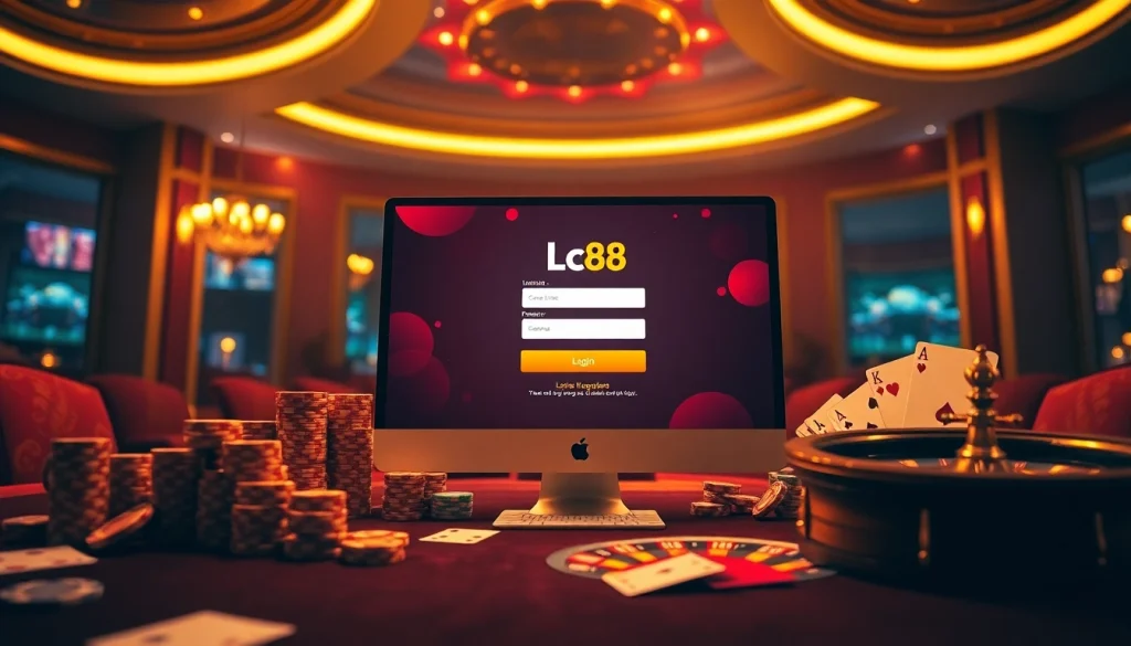 Experience seamless lc88 đăng nhập with a vibrant online casino atmosphere showcasing poker chips and a roulette wheel.