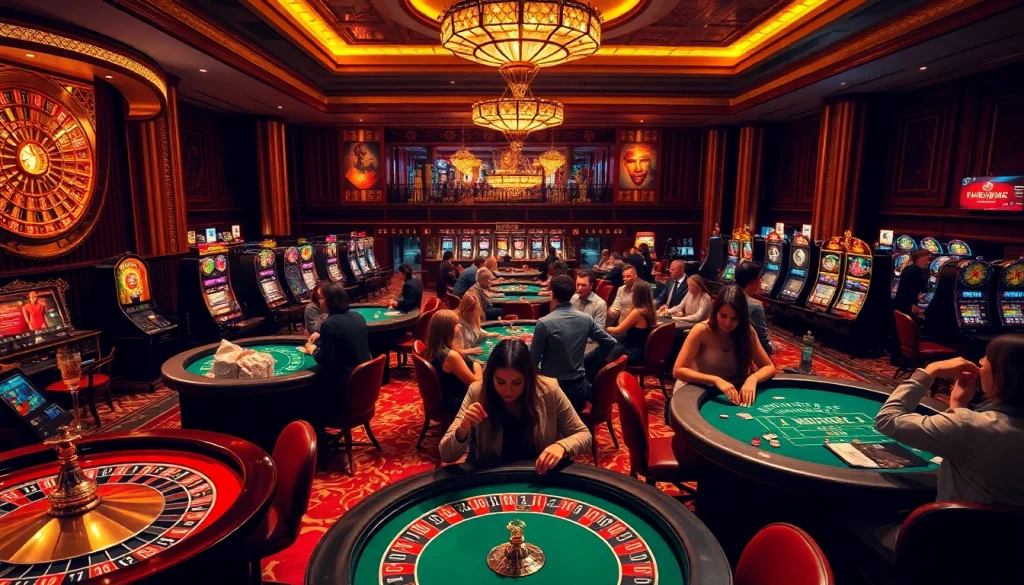 Experience thrilling gameplay at https://mm88.london/ with a luxurious casino scene featuring diverse players and exciting games.