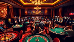 Experience thrilling gameplay at https://mm88.london/ with a luxurious casino scene featuring diverse players and exciting games.