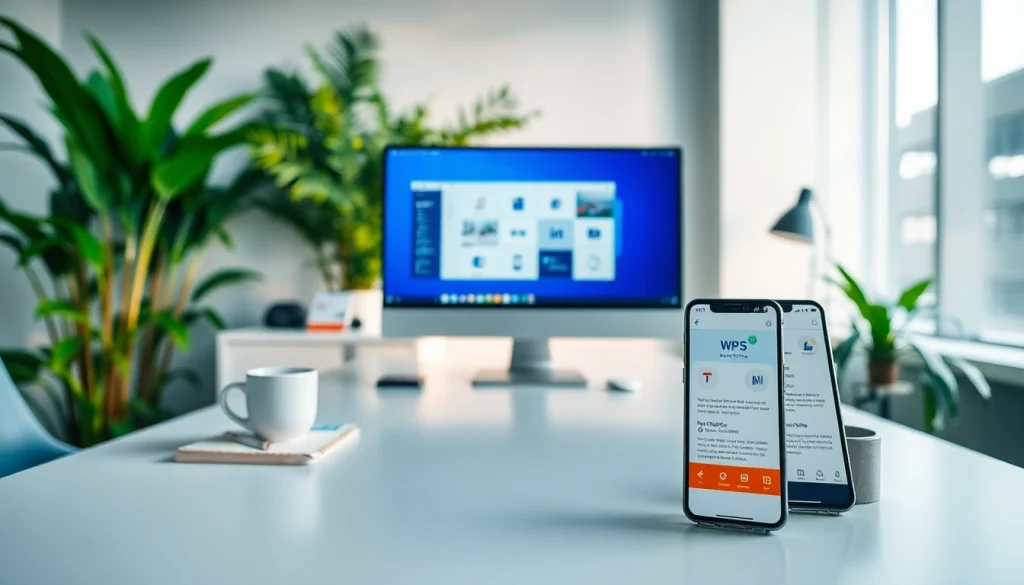 Professional workspace featuring WPS官网下载 displayed on a sleek computer, promoting productivity.