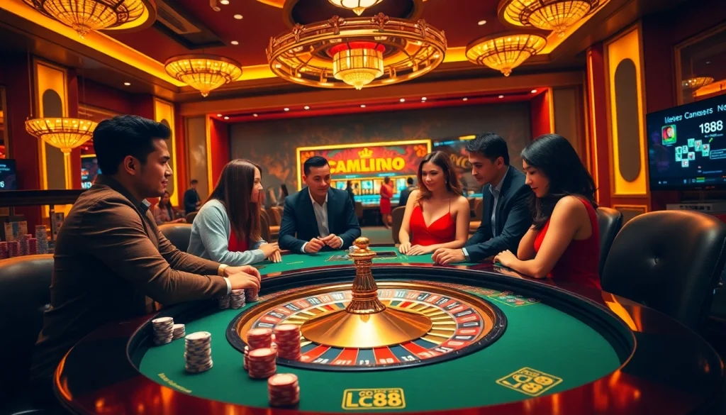 Engaging gamblers at a luxurious LC88 bio casino, playing poker and roulette under warm golden lights.