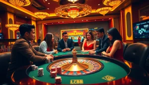 Engaging gamblers at a luxurious LC88 bio casino, playing poker and roulette under warm golden lights.