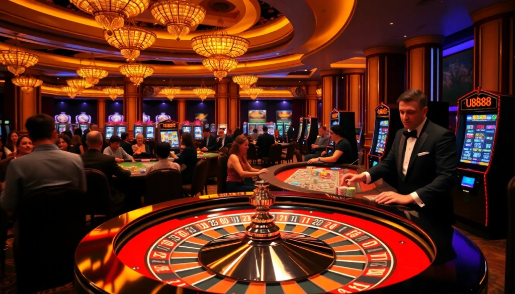 Experience the thrill of u8888 at a vibrant casino with spinning roulette wheels and poker chips.